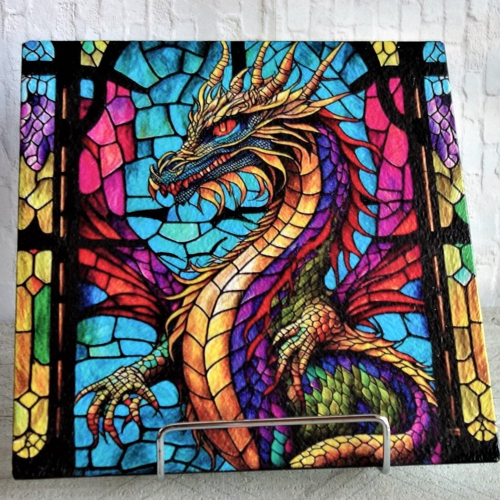 Stained Glass Dragon Art Mural Dragon Figure on Glass Goth Decor Dragon Decor